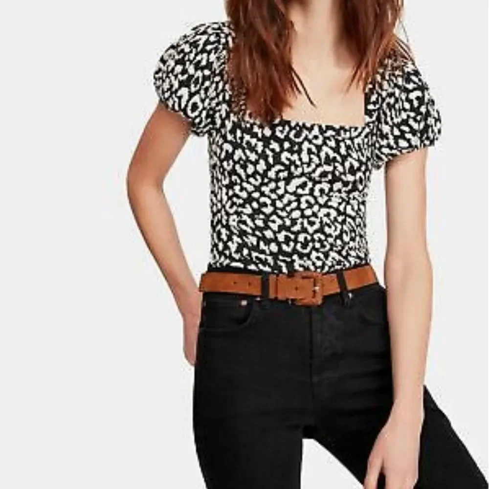 Free People No Type Leopard Print Square Neck Puff Sleeve Top Women's Small
